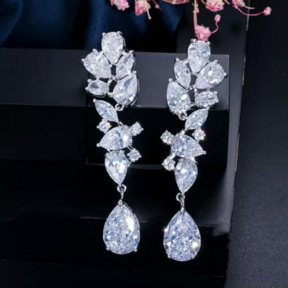Beauty Multicolor CZ Drop Cluster Long Dangle Earrings for Women Dress Jewelry