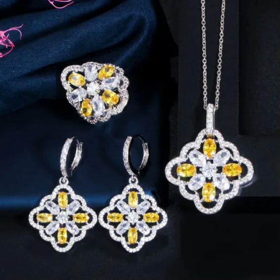 Beauty Multicolor CZ Stone Flower Necklace Earrings Ring Jewelry Set for Women