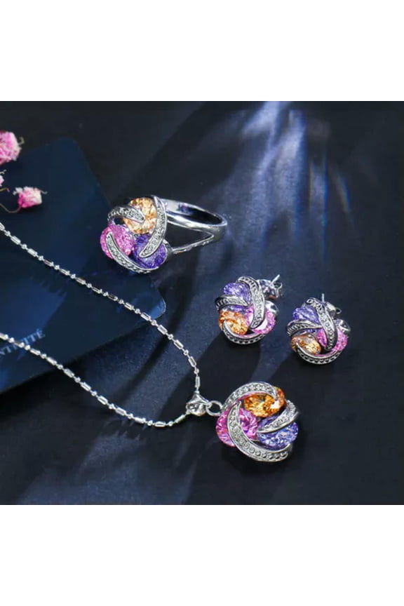 Beauty Multicolor Cubic Zirconia Round Pendant Necklace Earring Ring Jewelry Set