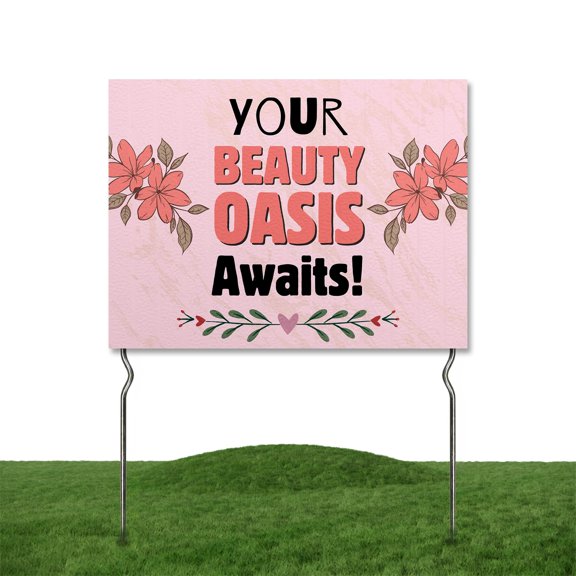 Your Beauty Oasis Awaits! Yard Sign by DC | 24"x18" Double Sided Salon Garden Sign with 13” Metal Stakes | Outdoor Signs Waterproof for Lawn, Patio, Sidewalk & House | Set of 1 | Made in USA