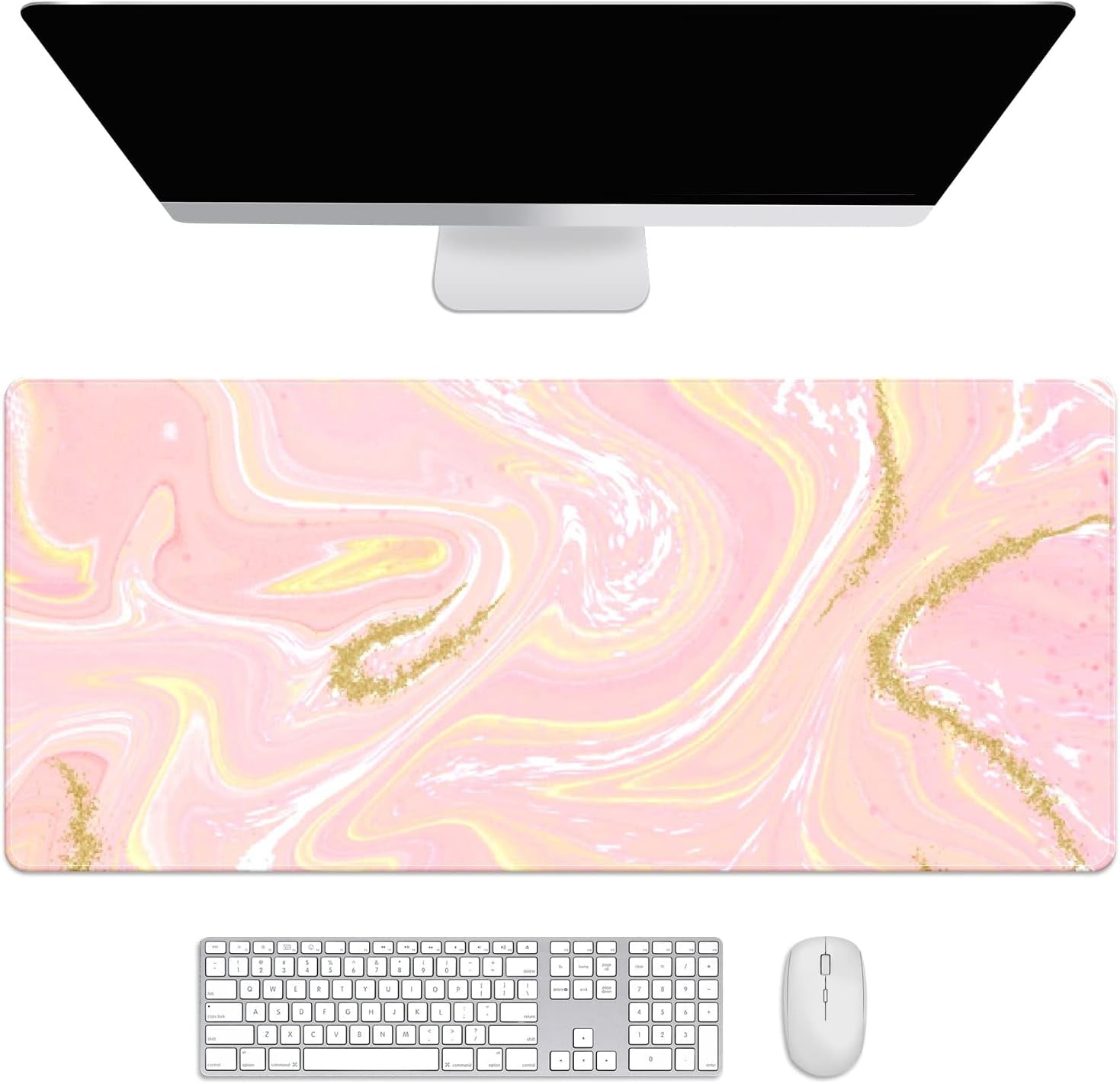 Beauty Pink Gold Sparkling Marble Desk Mat, Desk Accessory, Cute Workspace, Trendy Workspace, Trendy, 35.4x15.7in Large Gaming Mouse Pad, Cute Desk Topper, Pretty Desk Pad