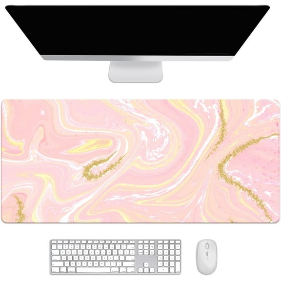 Beauty Pink Gold Sparkling Marble Desk Mat, Desk Accessory, Cute Workspace, Trendy Workspace, Trendy, 35.4x15.7in Large Gaming Mouse Pad, Cute Desk Topper, Pretty Desk Pad