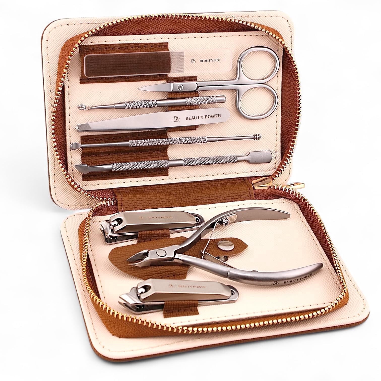 eauty Power 9 in 1 Manicure and Pedicure Set - Stainless Steel Nail Clippers, Cuticle Nipper, Scissors, Tweezers and Nano Glass File in PU Leather Travel Case - Fathers Day Gift (Brown)