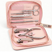 Beauty Power 9-in-1 Manicure & Pedicure Set - Stainless Steel Nail Clippers, Cuticle Tools, Tweezers & Scissors with Pink PU Leather Case