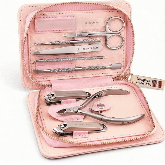 Beauty Power 9 in 1 Professional Manicure Pedicure Set - Stainless Steel Nail Clippers, Nano File, Cuticle Nipper, Scissors, Tweezers, Travel PU Leather Case for Men & Women- Pink - Gift Idea
