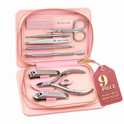 Beauty Power 9-in-1 Manicure & Pedicure Set - Stainless Steel Nail Clippers, Cuticle Tools, Tweezers & Scissors with Pink PU Leather Case
