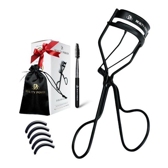Beauty Power Eyelash Curler – Precision Lash Lift in Seconds with 5 Replacement Pads, Eyebrow Brush & Satin Travel Bag – Gentle & Safe, German Stainless Steel for Perfect Curls - Gift (Natural Curl)