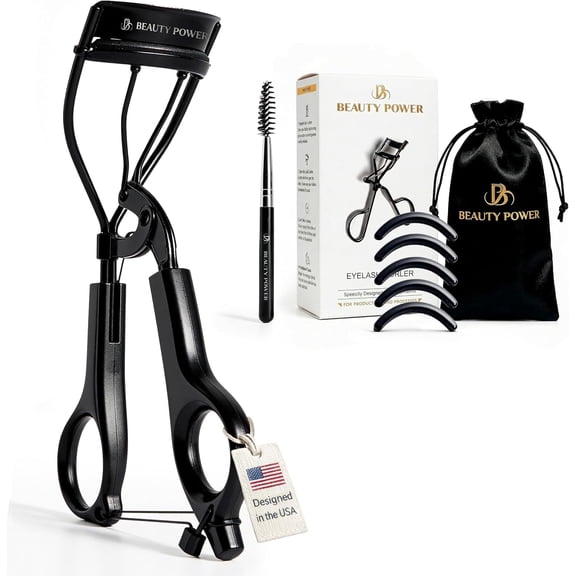 Beauty Power Eyelash Curler - Stainless Steel Lash Lift with 5 Replacement Pads, Eyebrow Brush & Satin Travel Bag - Gentle & Pinch-Free (Extra Curl)