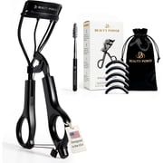 Beauty Power Eyelash Curler - Stainless Steel Lash Lift with 5 Replacement Pads, Eyebrow Brush & Satin Travel Bag - Gentle & Pinch-Free Extra Curl