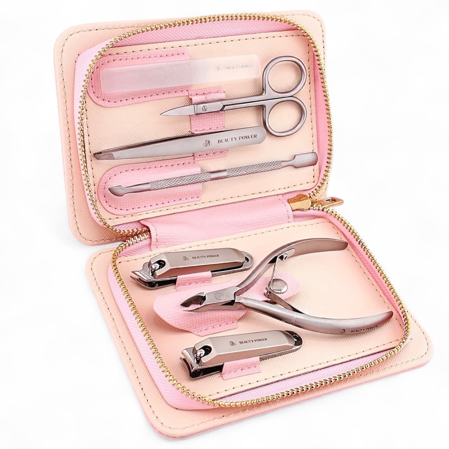 Beauty Power Manicure Pedicure Set 7-in-1 Stainless Steel, Ultra Sharp, Slanted Nail Clipper, Fingernail Clipper, Cuticle Nipper, Glass Nail File, Eyebrow Tweezers, Scissors, Case - Gift - Pink