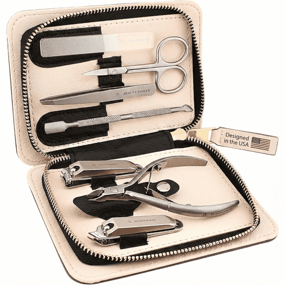 Beauty Power Manicure Pedicure Set 7-in-1 Stainless Steel, Ultra Sharp, Slanted Nail Clipper, Fingernail Clipper, Cuticle Nipper, Glass Nail File, Eyebrow Tweezers, Scissors – Gift Idea