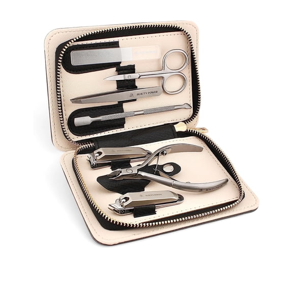 Beauty Power Manicure Pedicure Set 7-in-1 Stainless Steel, Ultra Sharp, Slanted Nail Clipper, Fingernail Clipper, Cuticle Nipper, Glass Nail File, Eyebrow Tweezers, Scissors, Case – Gift (Matte Gray)