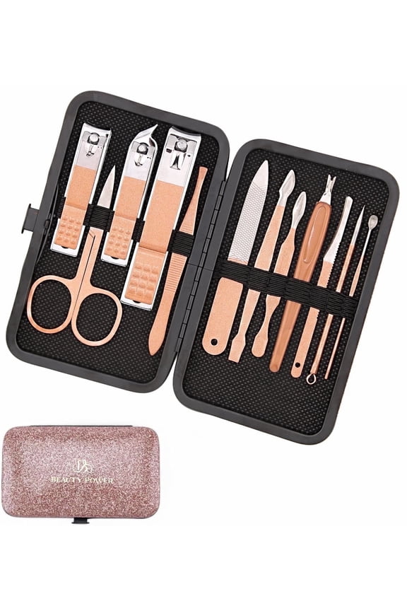 Manicure Set Nail Clipper Kit Personal Care Manicure Pedicure Set 12 in 1 Mens Womens Accessories Nail Grooming Kit Personal Care Set - Gift Idea (Pink and Black)