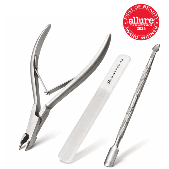 Beauty Power Nail Care Set 3-in-1 - Allure Award Winner - Stainless Steel Cuticle Nipper, Cuticle Pusher & Nano Glass Nail File - Gift Idea