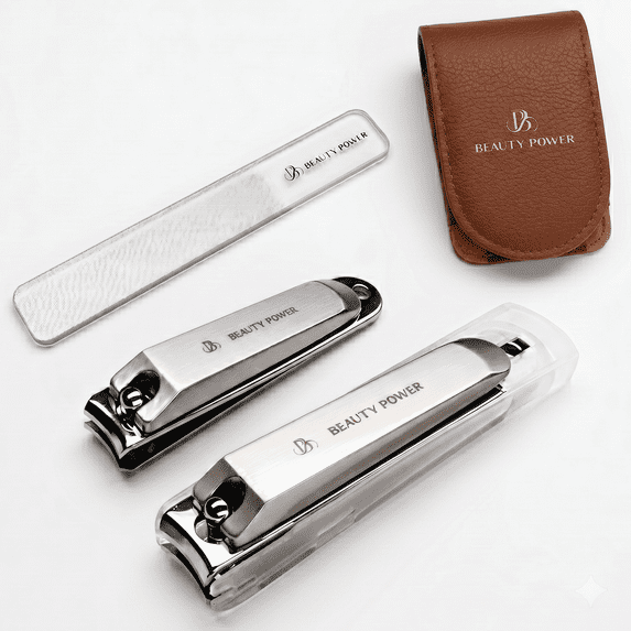 Beauty Power Nail Clippers Set for Men 3 in 1 - Stainless Steel Toenail and Fingernail Clippers with Glass File, Anti Splash, PU Leather Travel Case - Fathers Day Gift - Brown