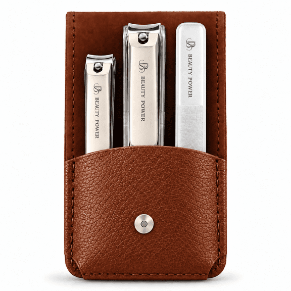 Beauty Power Nail Clippers Set 3-in-1 - Stainless Steel Toenail & Fingernail Clippers with Glass Nail File, Anti-Splash, PU Leather Travel Case - Gift Idea (Brown)