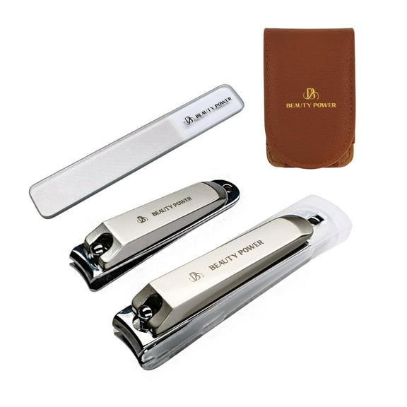 Beauty Power Nail Clippers Set 3 in 1 - Stainless Steel Toe Nail Clippers, Fingernail Clipper, Glass Nail File, Anti Splash, Ergonomic Grip in PU Leather Travel Case for Men & Women (Brown Case)