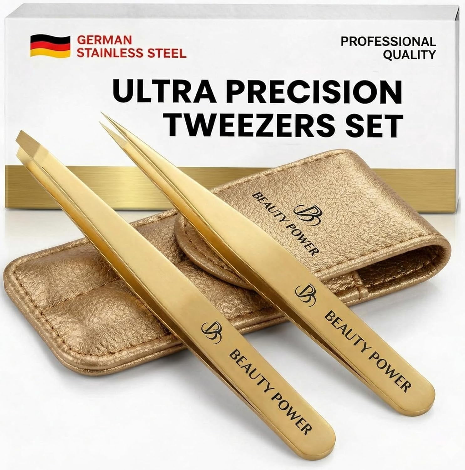 Beauty Power Precision Tweezers for Women Facial Hair & Men - Professional Tweezers Set with Slant & Point Tips, German Stainless Steel, PU Leather Travel Case, Lightweight & Ultra Precision - Gold