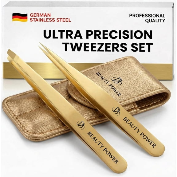 Beauty Power Precision Tweezers for Women Facial Hair & Men - Professional Tweezers Set with Slant & Point Tips, German Stainless Steel, PU Leather Travel Case, Lightweight & Ultra Precision - Gold