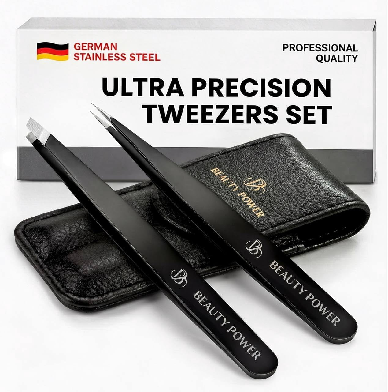 Beauty Power Professional Tweezers Set – Slant & Point, Ultra Precision German Stainless Steel Tweezers for Eyebrows, Chin, Ingrown Hair & Facial Grooming – Lightweight + Travel Case - Gif Idea