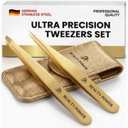 Beauty Power Slant & Point Tweezers Set - German Stainless Steel - 2 Tweezers, 1 Travel Case Gold