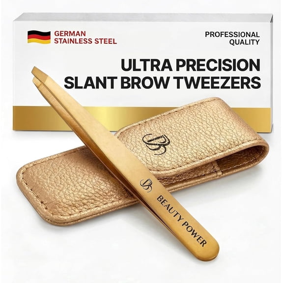 Beauty Power Slant Tip Eyebrow Tweezers - German Stainless Steel - Precision Hair Removal with Case, Splinter Tool (Gold)