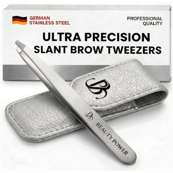 Beauty Power Slant Tip Eyebrow Tweezers - German Stainless Steel - Precision Hair Removal with Case, Splinter Tool (Gray)