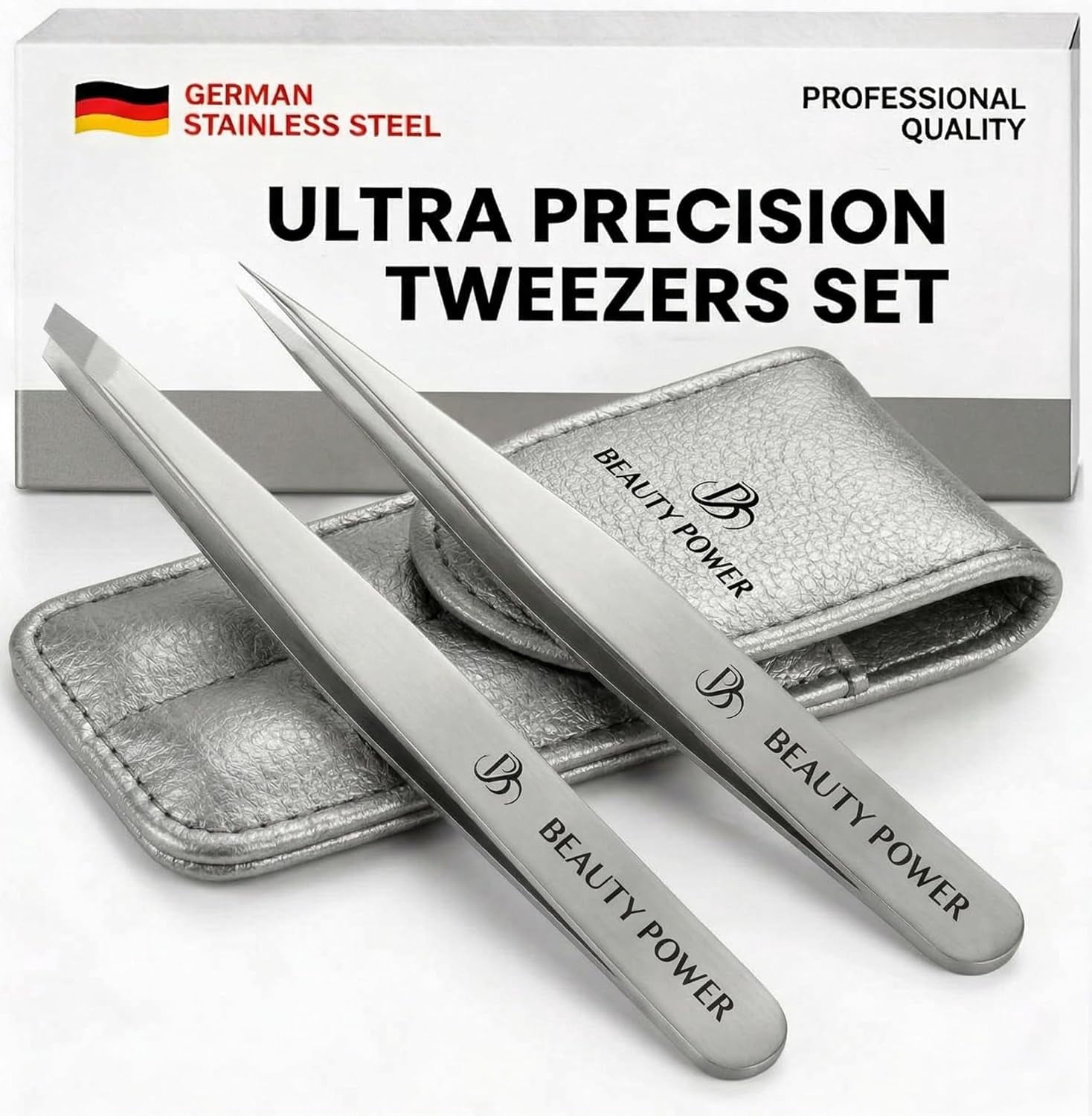 Beauty Power Professional Tweezers Set – Slant & Point, Ultra Precision German Stainless Steel Tweezers for Eyebrows, Chin, Ingrown Hair & Facial Grooming – Lightweight + Travel Case - Gift Idea