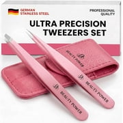 Beauty Power Professional Tweezers Set   Slant & Point, Ultra Precision German Stainless Steel Tweezers for Eyebrows, Chin, Ingrown Hair & Facial Grooming   Lightweight Travel Case - Gift Idea