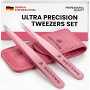 Beauty Power Slant & Point Tweezers Set - German Stainless Steel - 2 Tweezers, 1 Travel Case Pink