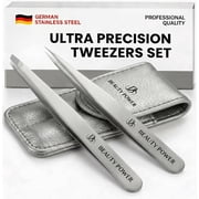 Beauty Power Slant & Point Tweezers Set - German Stainless Steel - 2 Tweezers, 1 Travel Case Matte Gray