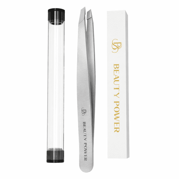 Beauty Power Professional Ultra Precision Slant Tweezers - German Stainless Steel Tweezers for Eyebrows, Facial Hair, Chin & Ingrown Hair Removal, Durable & Lightweight Grooming Tool (Matte Gray)