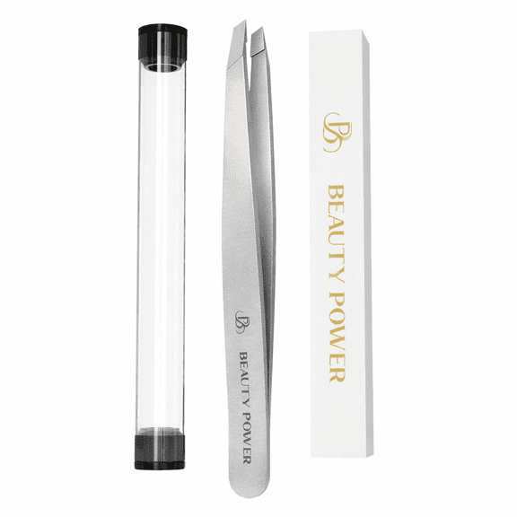 Beauty Power Professional Ultra Precision Slant Tweezers - German Stainless Steel Tweezers for Eyebrows, Facial Hair, Chin & Ingrown Hair Removal, Durable & Lightweight Grooming Tool Valentines Gift