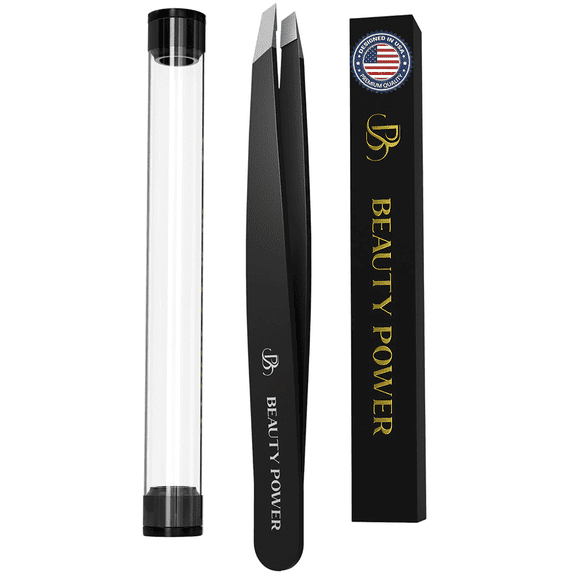 Beauty Power Tweezers for Women Facial Hair: Precision Tweezers for Women & Men, Sharp Slant Tweezer for Eyebrows, Ingrown Hair Removal. Professional Plucker + Case, German Stainless Steel