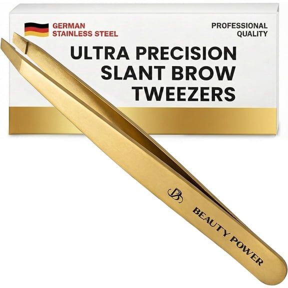 Beauty Power Hand-Sharpened Slant Tweezers - German Steel - Eyebrow & Ingrown Hair Removal (Matte Gold)