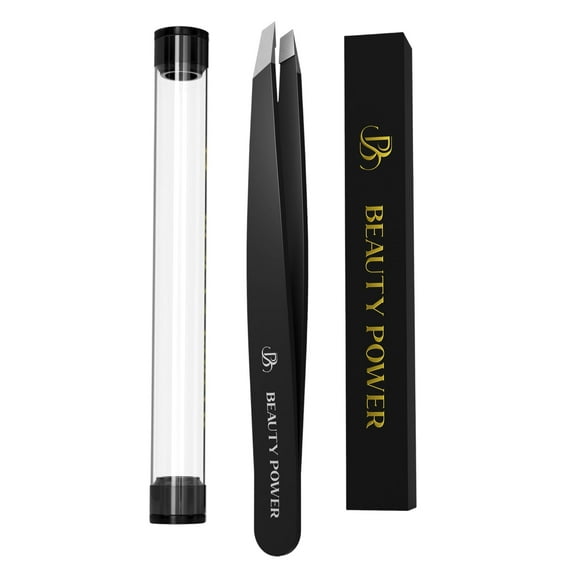 Beauty Power Professional Ultra Precision Slant Tweezers - German Stainless Steel Tweezers for Eyebrows, Facial Hair, Chin & Ingrown Hair Removal, Durable & Lightweight Grooming Tool (Matte Black)