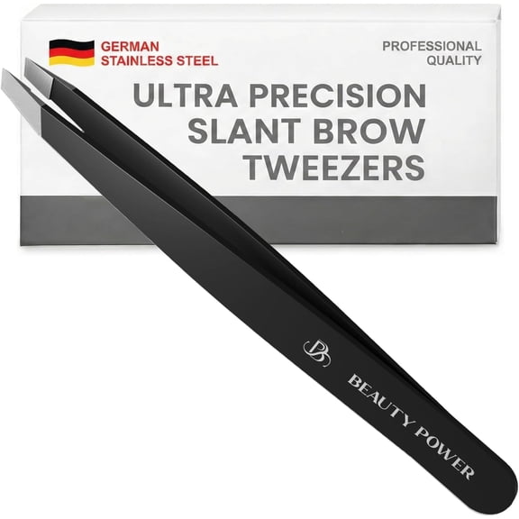 Beauty Power Tweezers for Women Facial Hair: Precision Tweezers for Women & Men, Sharp Slant Tweezer for Eyebrows, Ingrown Hair Removal. Professional Plucker + Case, German Stainless Steel