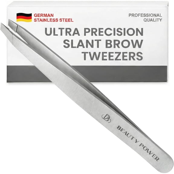 Beauty Power Hand-Sharpened Slant Tweezers - German Steel - Eyebrow & Ingrown Hair Removal (Matte Gray)