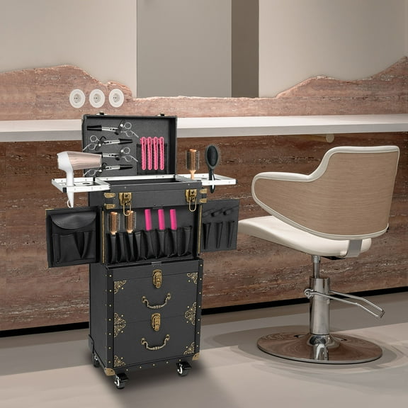 Beauty Salon Luggage Case, Aluminum Frame with 4 Storage Compartments, Dual Locking, 55lbs Capacity, Portable with Wheels for Hairdressers & Beauticians