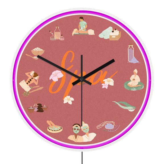 Beauty Salon Spa Skincare Pattern LED Neon Wall Clock for Wellness Massage Studio Luminous Night Light Clock Spa Therapist Gift