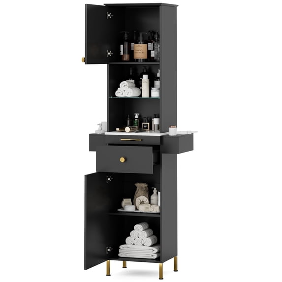 TTGIEET Salon Stations for Hair Stylist, Barber Station w/Glass Shelf, Spa Equipment w/6 Hair Dryer Holders, 2 Storage Cabinet & Drawers(Black)