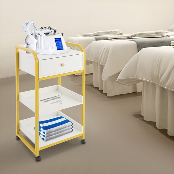 Beauty Salon Storage Cart, Salon Trolley with 2 Shelves and 1 Drawer, Portable Hairdressing Tool Cabinet Warm White, PVC Steel Material, 55 lbs Capacity