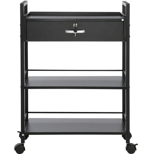 Black Medium MDF and Steel 3-Tier Salon Trolley Cart with Lockable Drawer