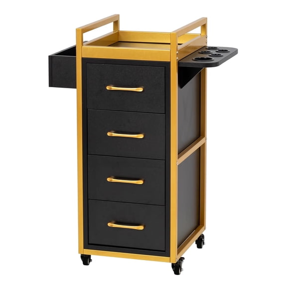 Beauty Salon Trolley Cart, Salon Cabinet with 360 Wheels, 4 Drawer, 5 Tool Holders, Mobile Hair Station Rolling Cart for Hair Stylist Beauty Spa Barbershop (Black & Gold)