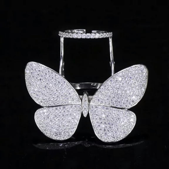 Beauty Silver Plated Cubic Zirconia Women Party Big Butterfly Shape Finger Ring