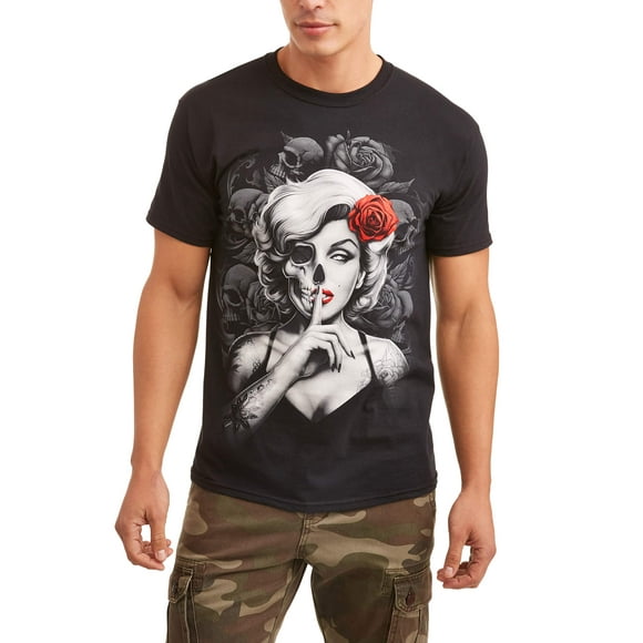 Teelocity Men's Tattoo Skeleton Pinup Girl Black Relaxed Fit Short Sleeve Graphic T-Shirt