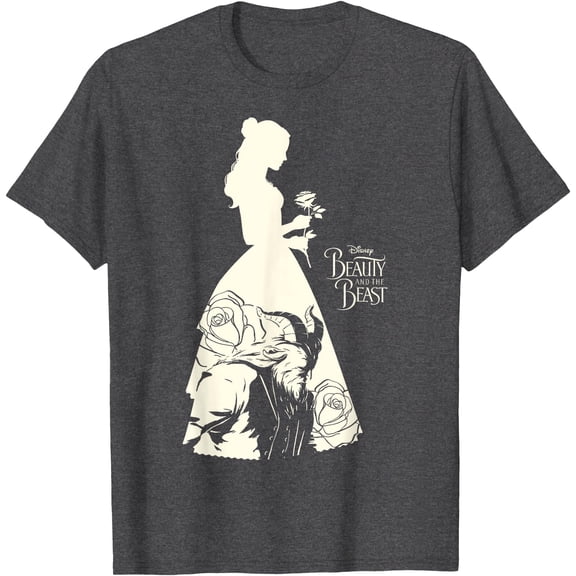 Beauty & The Beast Belle Silhouette Graphic DTG Print Unisex T-Shirt,Dark Heather Grey Color,Size M