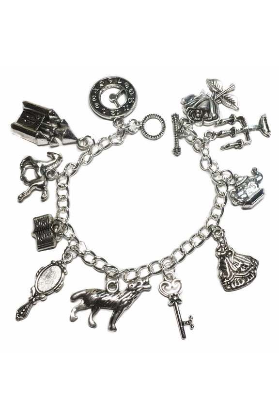 Beauty & The Beast Themed Silvertone Charm Bracelet w/ Toggle Clasp
