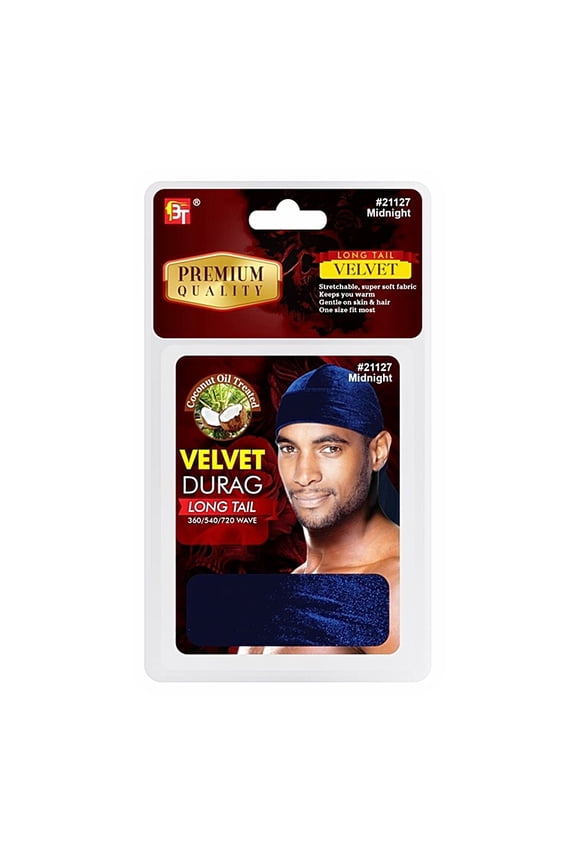 Coconut Oil Treated Velvet Durag Long Tail, Midnight,Pack of 2