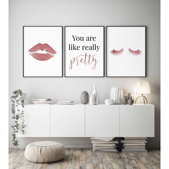 Beauty Wall Art Prints, Vanity, You Are Like Really Pretty, Rose Gold, Girly, Lashes, Lips, Girls Room And Bedroom Decor